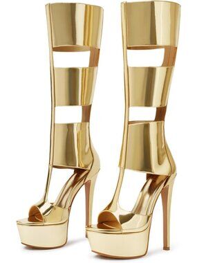 Women's Gold Knee High Heels Gladiator Open Toe Summer Boots Black Heels Sandal